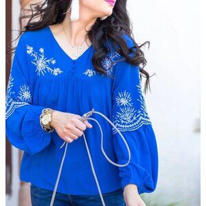 Loft Women’s Blue White Floral Boho Eyelet Blouse Medium